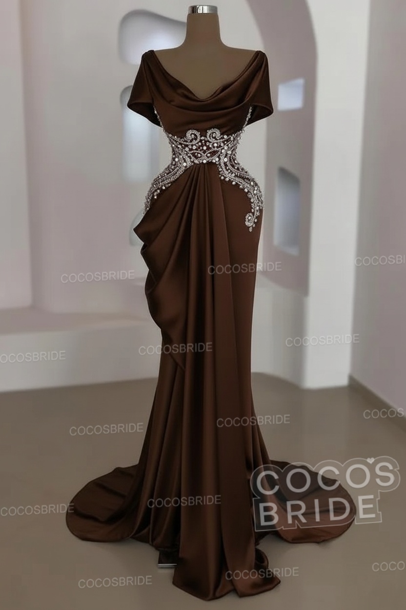 Mermaid Cowl Neck Satin Long Prom Dresses with Short Sleeves