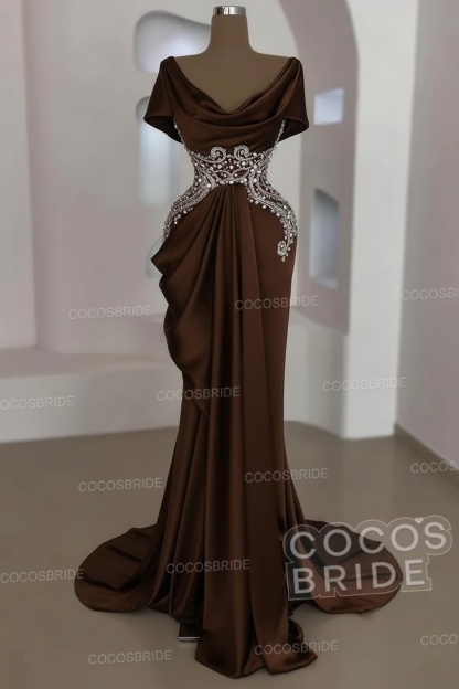 Mermaid Cowl Neck Satin Long Prom Dresses with Short Sleeves