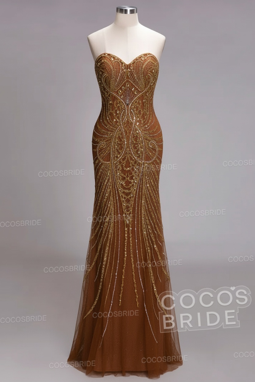 Mermaid Strapless Sweetheart Long Sequined Formal Evening Dresses with Beads