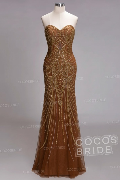Mermaid Strapless Sweetheart Long Sequined Formal Evening Dresses with Beads