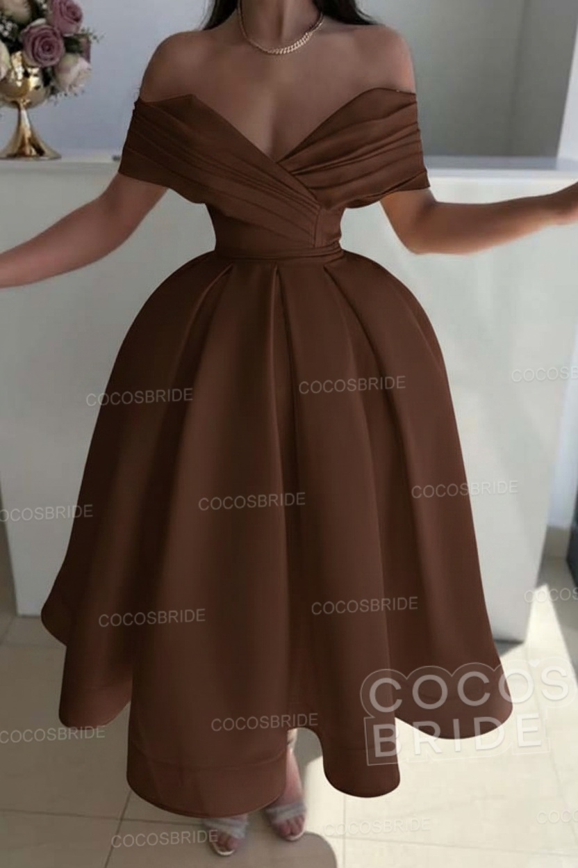 Off the Shoulder A-Line Satin Prom Dress with Pleated