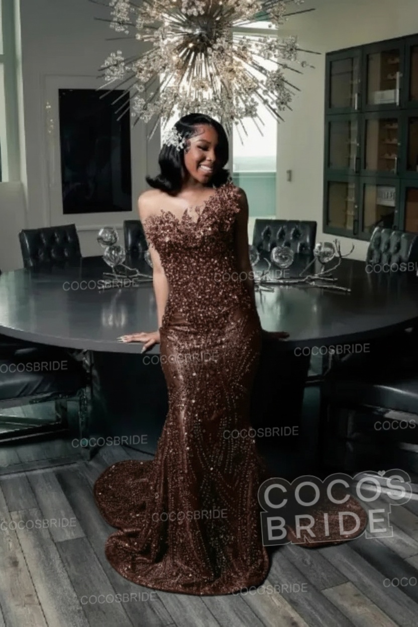 One Shoulder Sleeveless Mermaid Prom Dress with Beaded