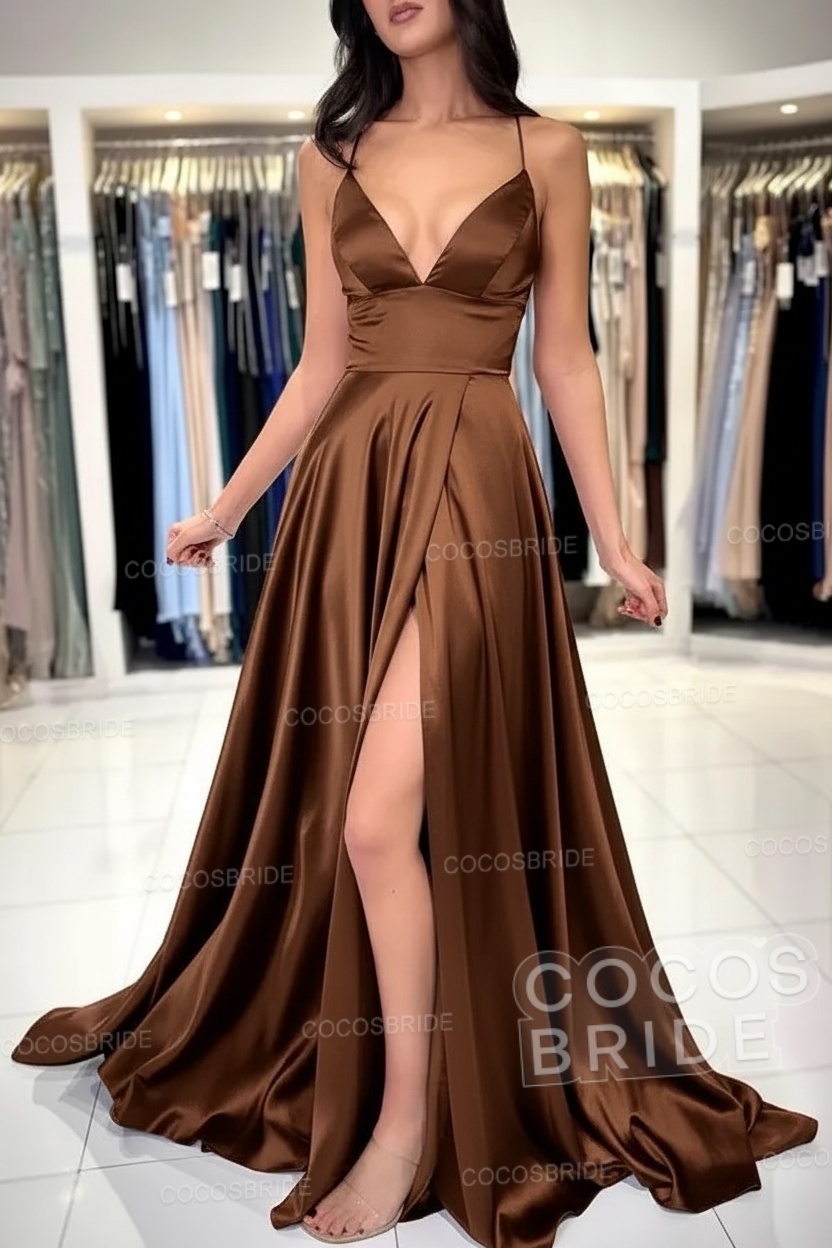 Simple Long A-line V-neck Satin Backless Formal Prom Dresses with Slit