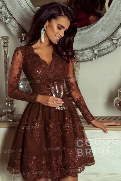 Elegant Short A-line V-neck Tulle Lace Homecoming Dresses with Sleeves