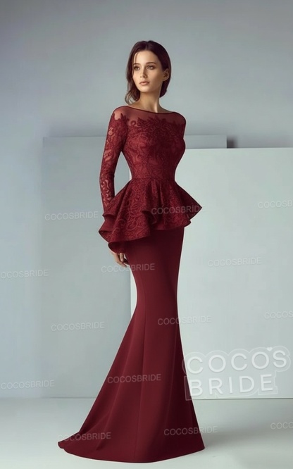Modest Long Mermaid Lace Satin Formal Prom Dresses with Sleeves