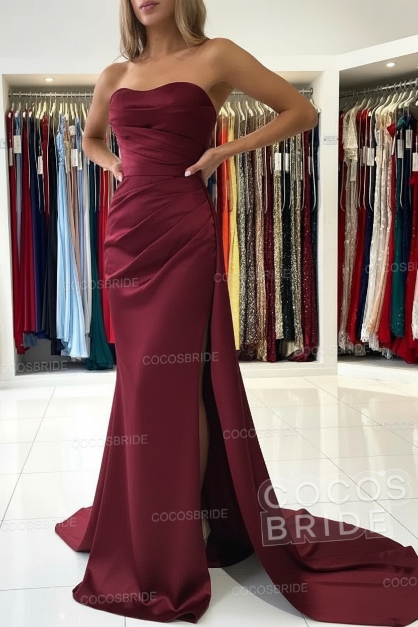 Long Mermaid Strapless Satin Prom Dress with Slit
