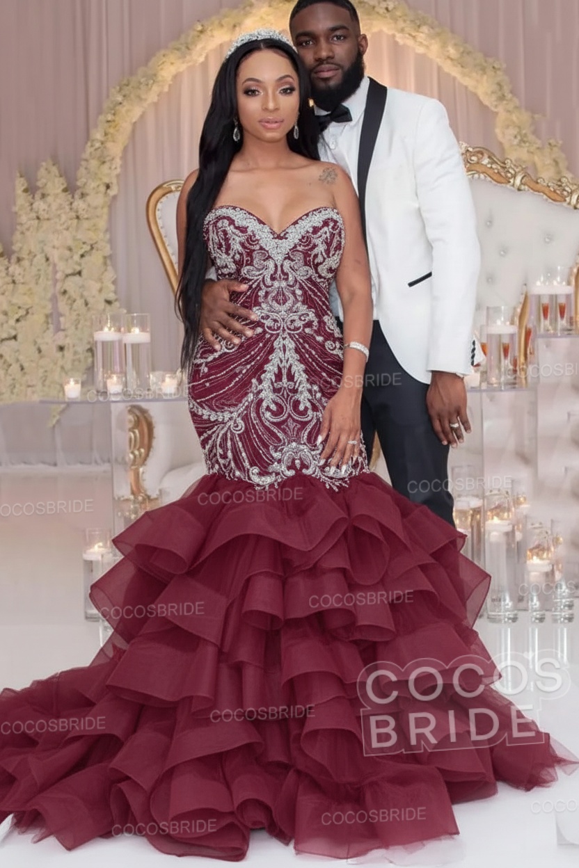 Luxury Long Strapless Ruffles Beaded Mermaid Wedding Dress