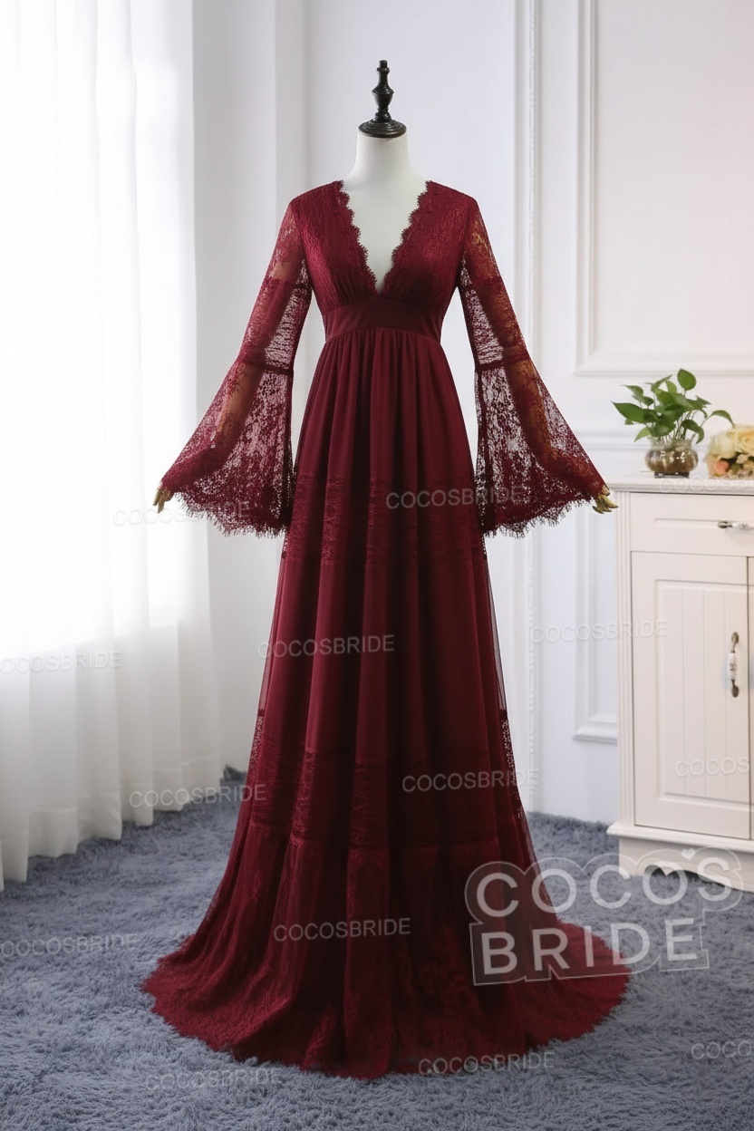 Elegant Long Sleeves A-line V-Neck Tulle Wedding Dresses