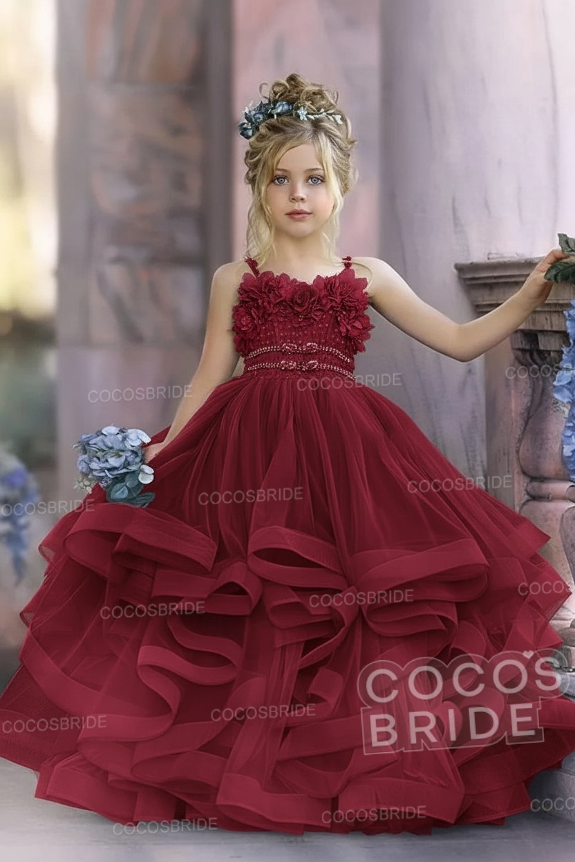 Cute Dusty Blue Long Spaghetti Straps Strapless Tulle Princess Flower Girl Dresses