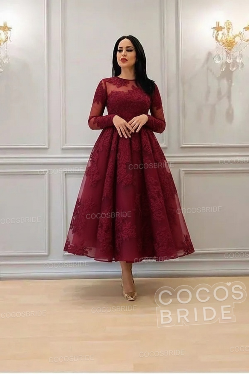 Elegant Short A-line High Neck Lace Ankle Length Formal Evening Dress with Sleeves