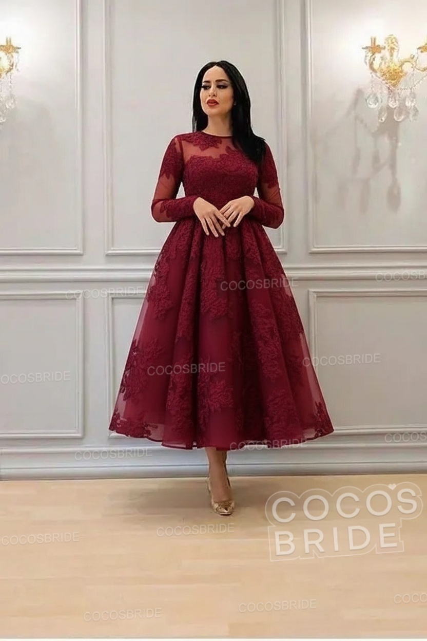 Elegant Short A-line High Neck Lace Ankle Length Formal Evening Dress with Sleeves