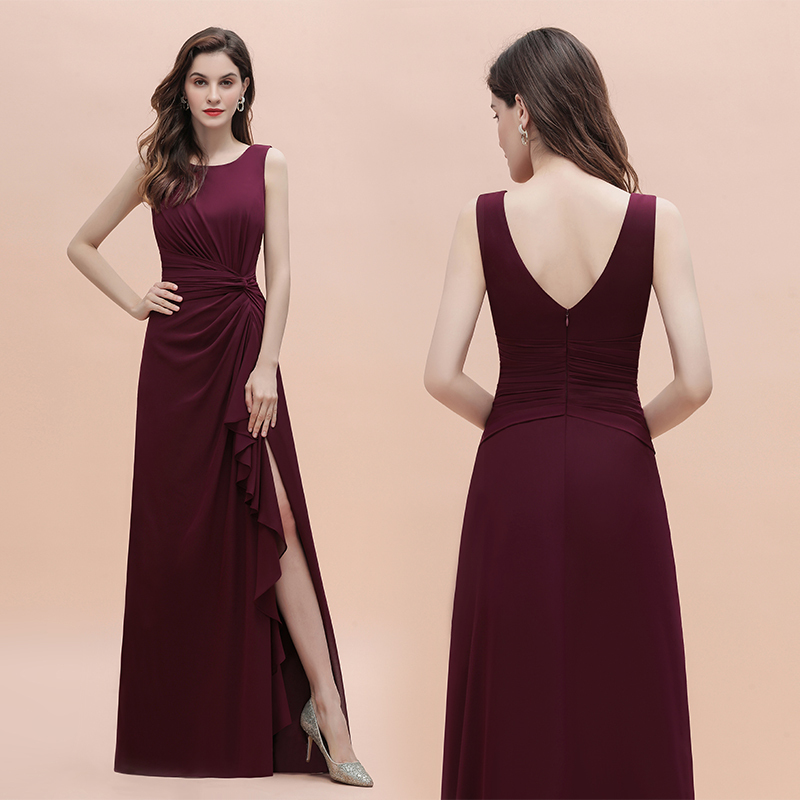 Burgundy Bateau A-Line Backless Ruched Chiffon Bridesmaid Dress With Split