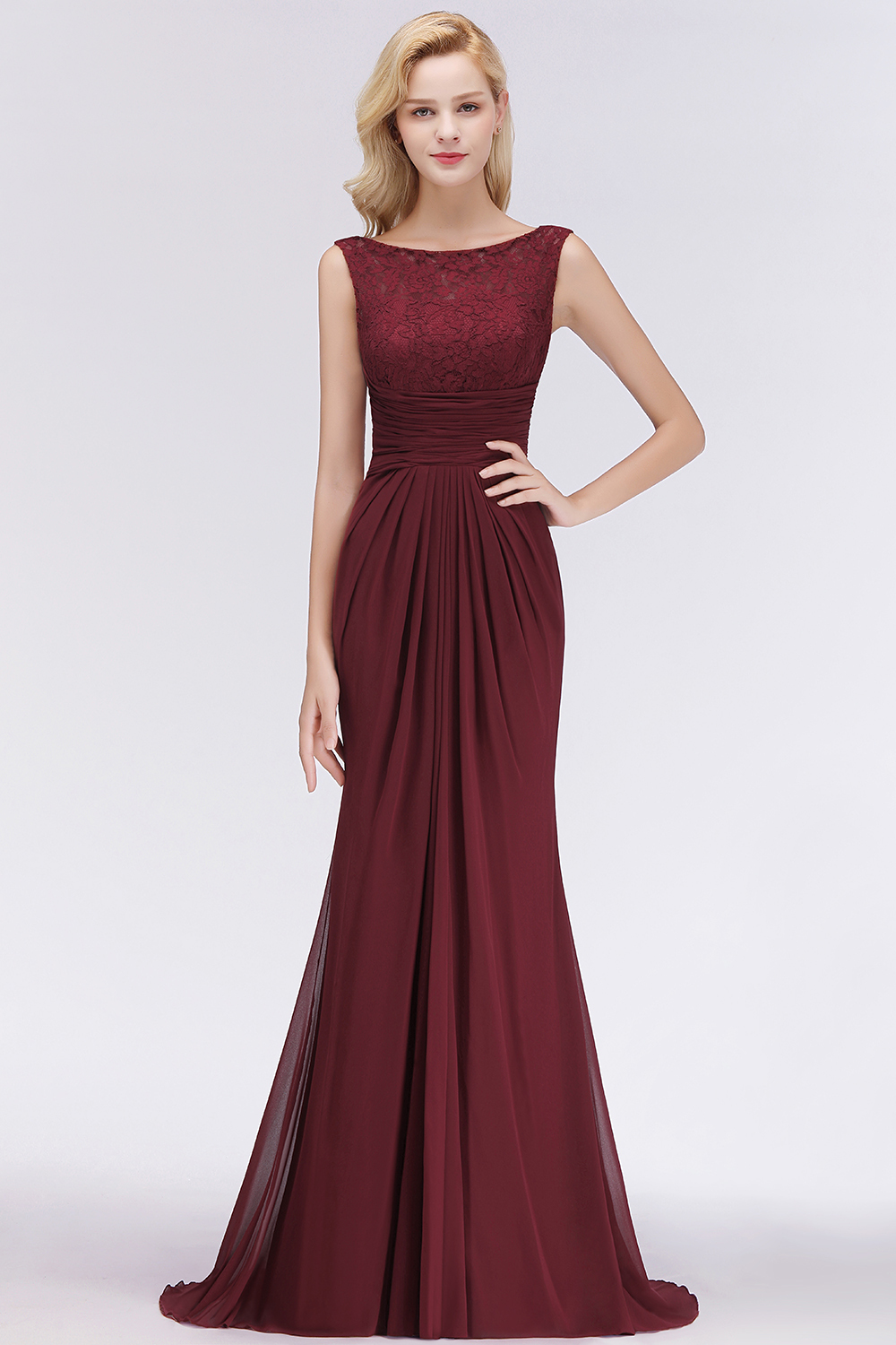 Burgundy Chiffon Lace Scoop A-Line Ruffles Long Bridesmaid Dresses