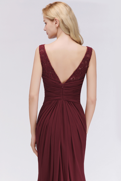 Burgundy Chiffon Lace Scoop A-Line Ruffles Long Bridesmaid Dresses