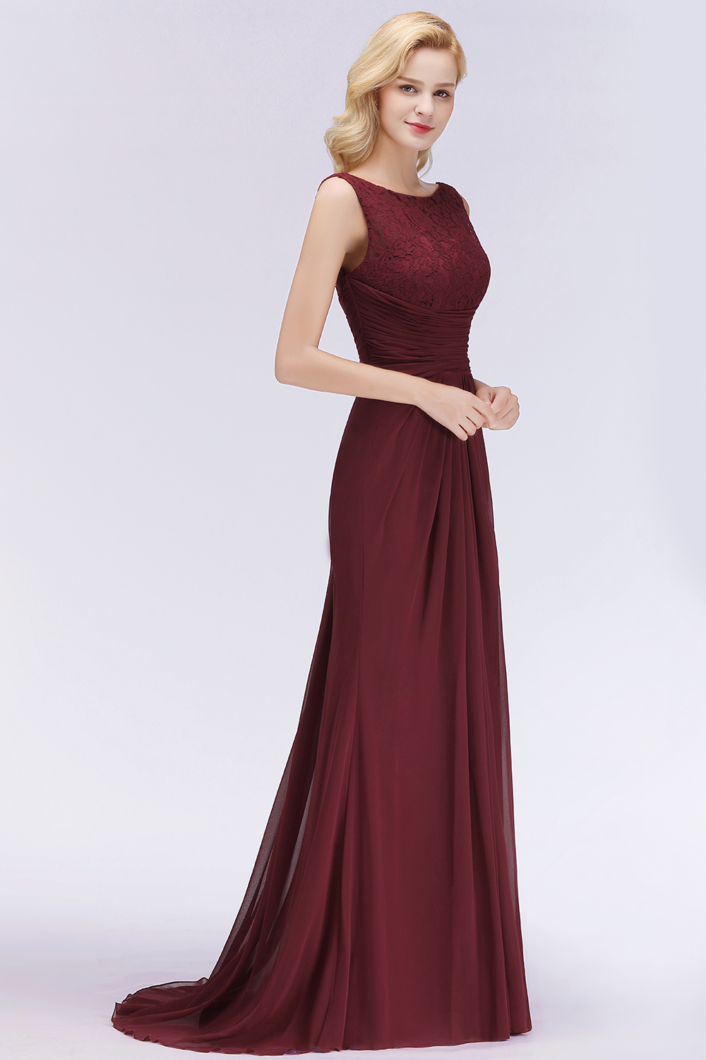 Burgundy Chiffon Lace Scoop A-Line Ruffles Long Bridesmaid Dresses