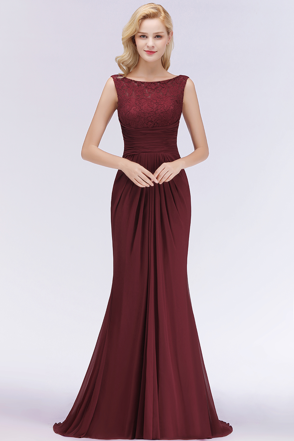 Burgundy Chiffon Lace Scoop A-Line Ruffles Long Bridesmaid Dresses