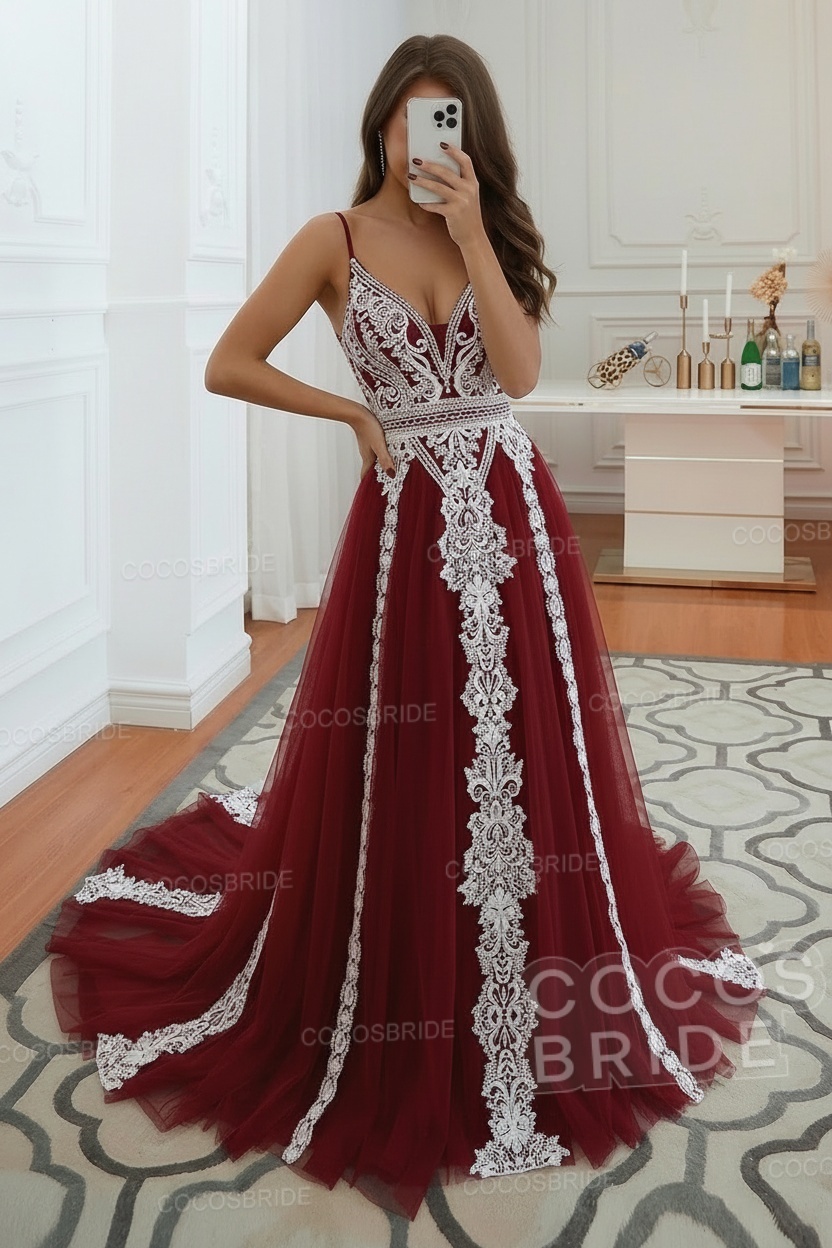 Long A-line Ruffles Open Back Tulle Lace Wedding Dress