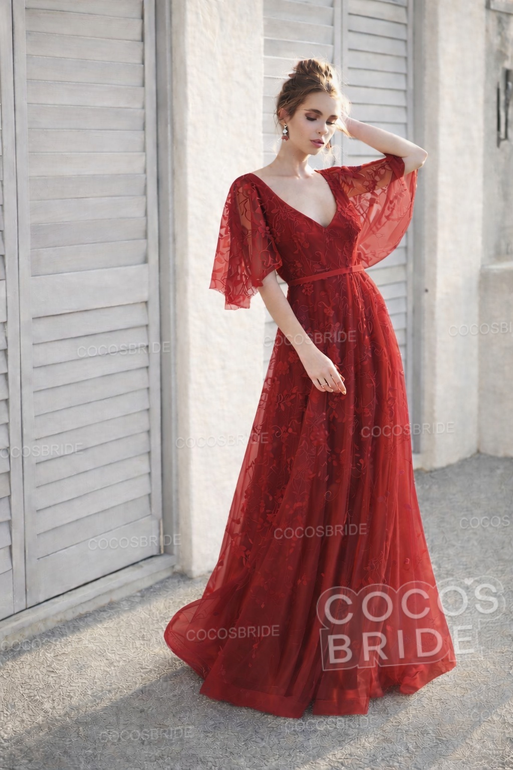 Long A-line V Neck Half Sleeves Lace Backless Boho Wedding Dresses