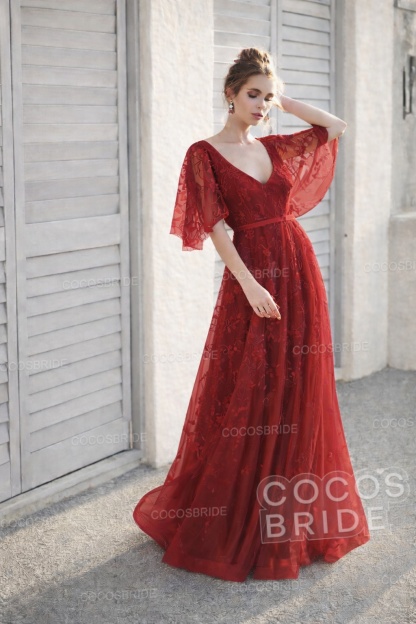 Long A-line V Neck Half Sleeves Lace Backless Boho Wedding Dresses