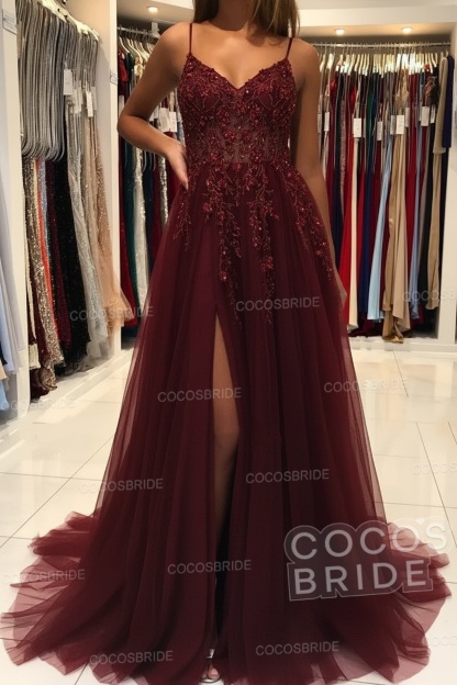 Long A-line V-neck Spaghetti Straps Open Back Prom Dress with Slit