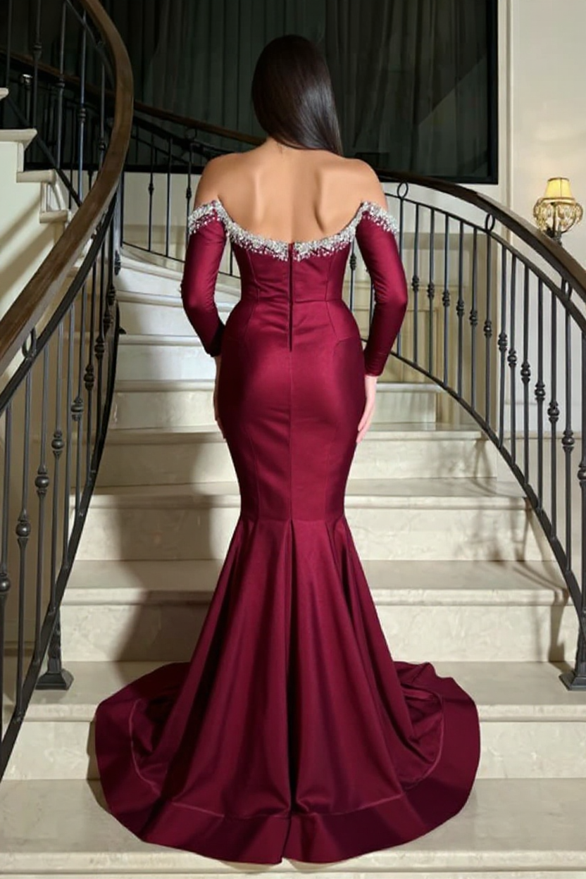 Burgundy Long Mermaid Off the Shoulder Satin Beads Prom Dresses with Sleeves