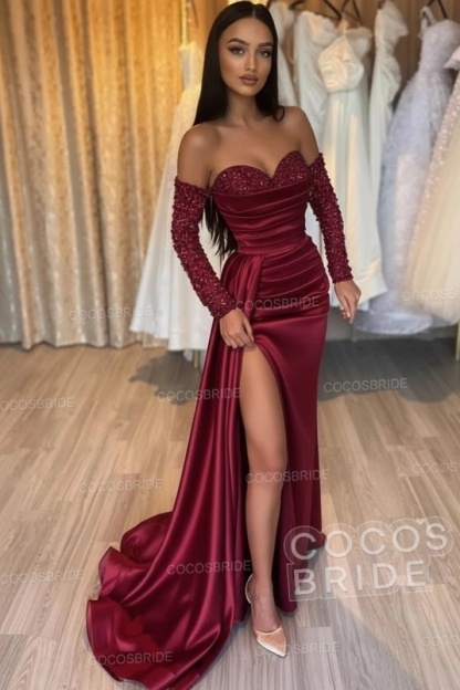 Long Mermaid Off the Shoulder Satin Front Slit Prom Dresses with Sleeves