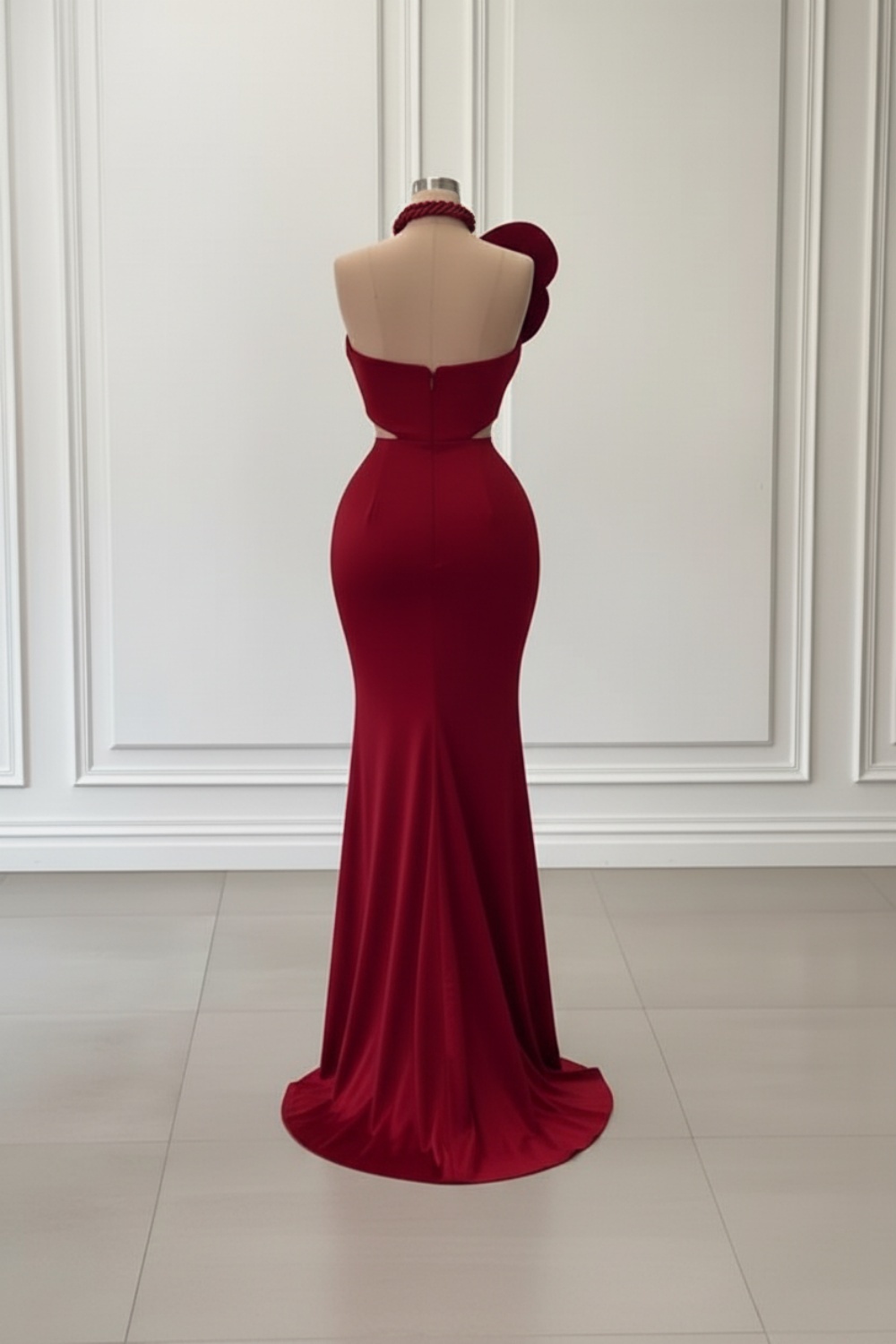 Burgundy Long Mermaid One Shoulder Satin Prom Dresses with Flowers