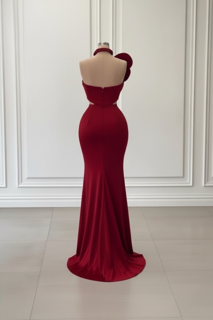 Burgundy Long Mermaid One Shoulder Satin Prom Dresses with Flowers