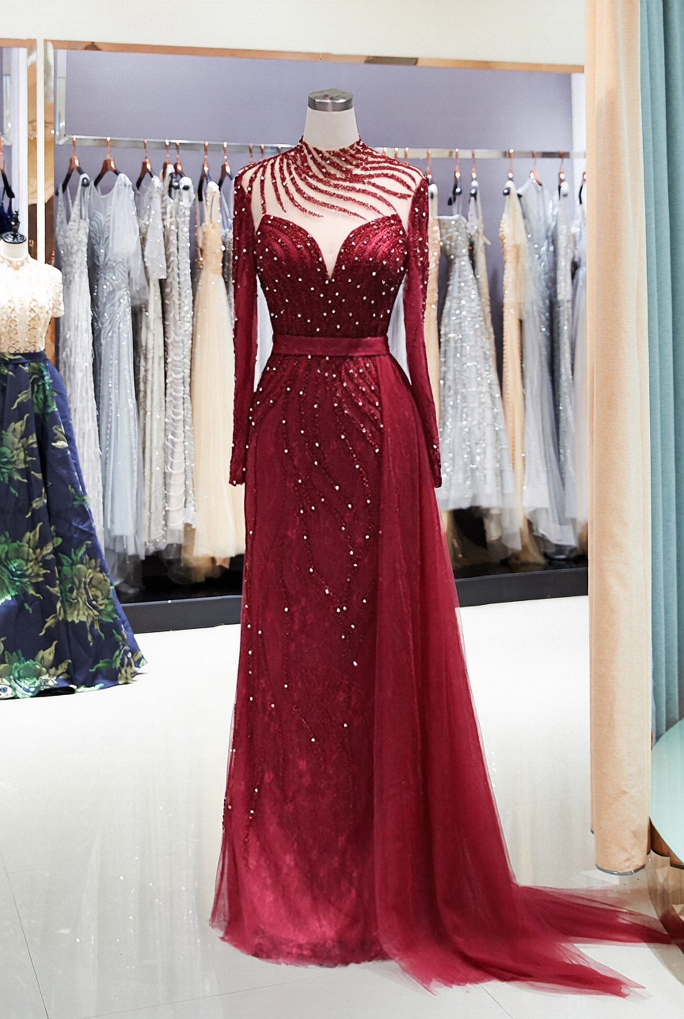 Burgundy Long Mermaid Tulle Lace Beads Formal Evening Dress with Sleeves