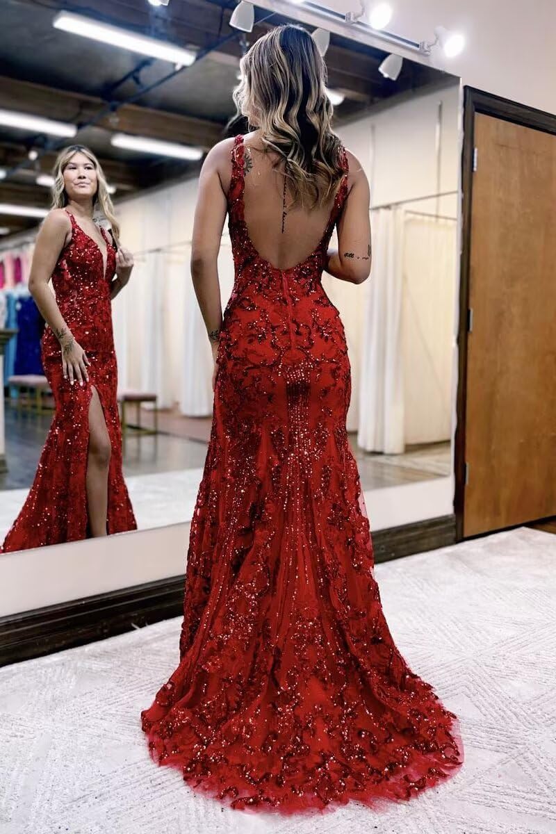 V-neck Sequin Mermaid Long Backless Prom Dress with Slit