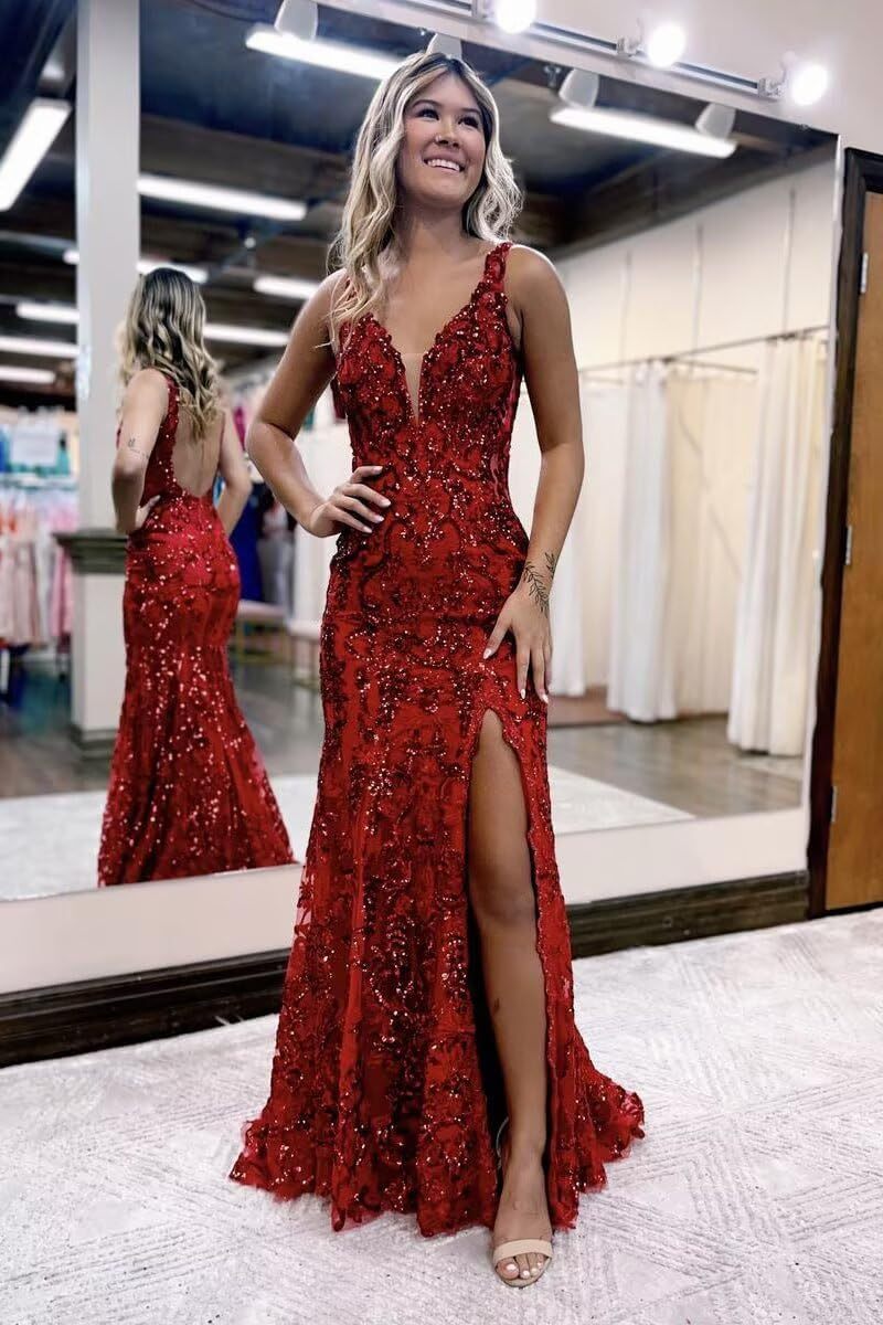 Burgundy V-neck Sequin Mermaid Long Backless Prom Dress with Slit