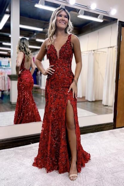 Burgundy V-neck Sequin Mermaid Long Backless Prom Dress with Slit