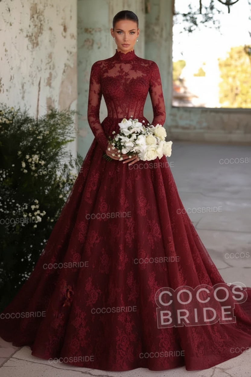 Long Sleeve High Neck A-Line Tulle Wedding Dress with Lace Applique