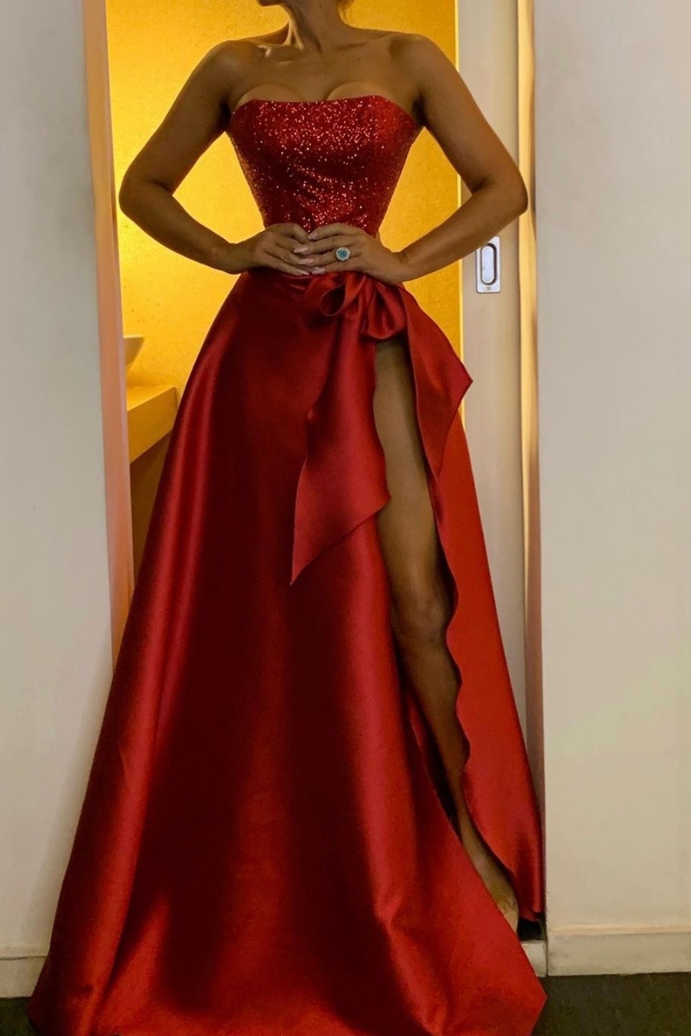 Burgundy Long Strapless Sequins A-Line Prom Dresses with Slit