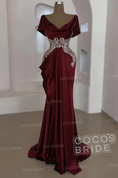 Mermaid Cowl Neck Satin Long Prom Dresses with Short Sleeves