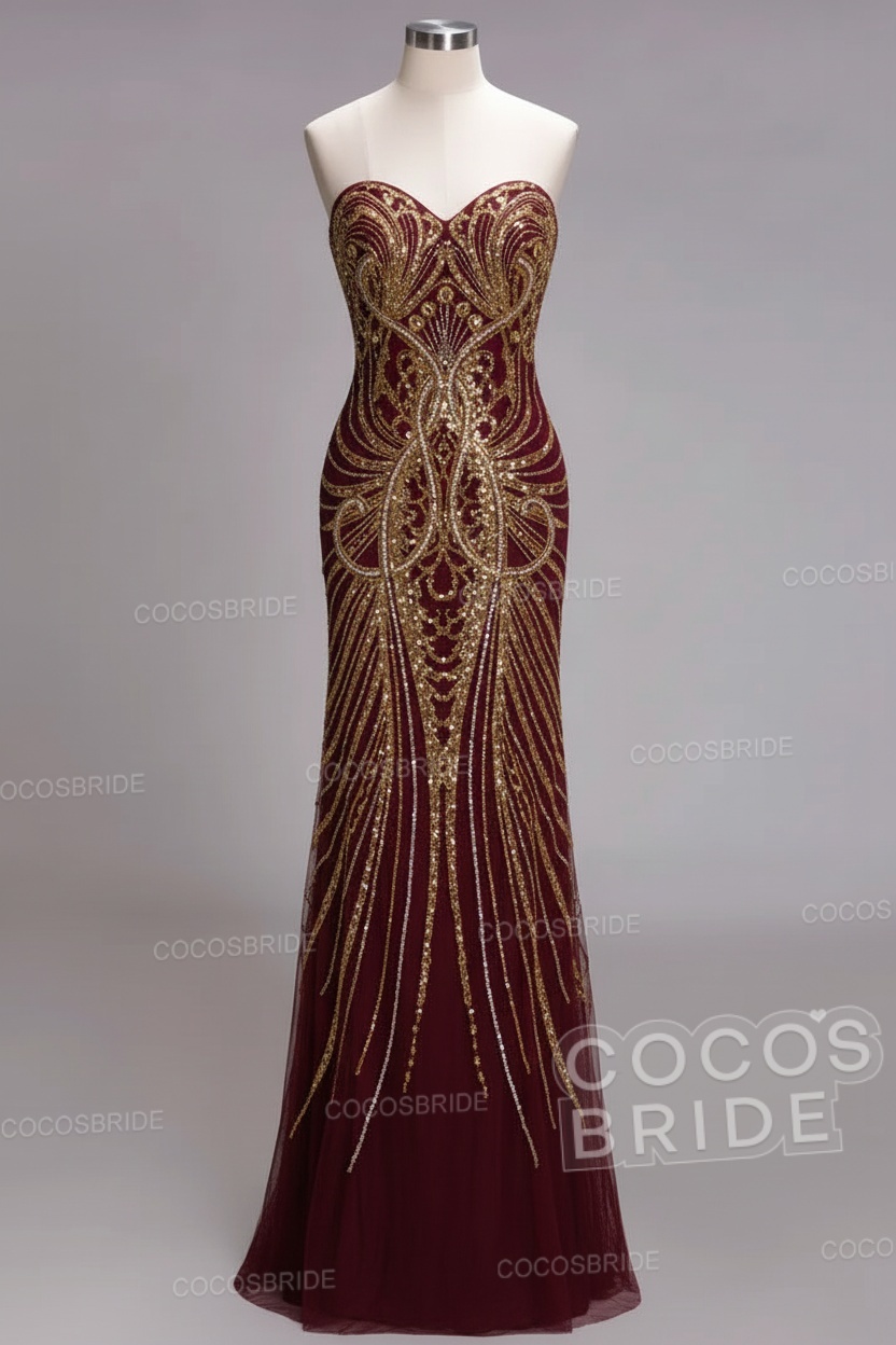 Mermaid Strapless Sweetheart Long Sequined Formal Evening Dresses with Beads