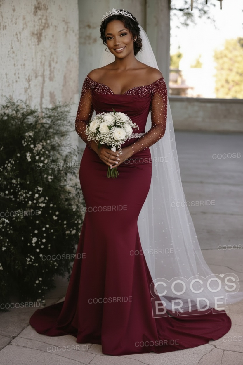 Off-the-Shoulder Long Mermaid Wedding Dresses with Beaded