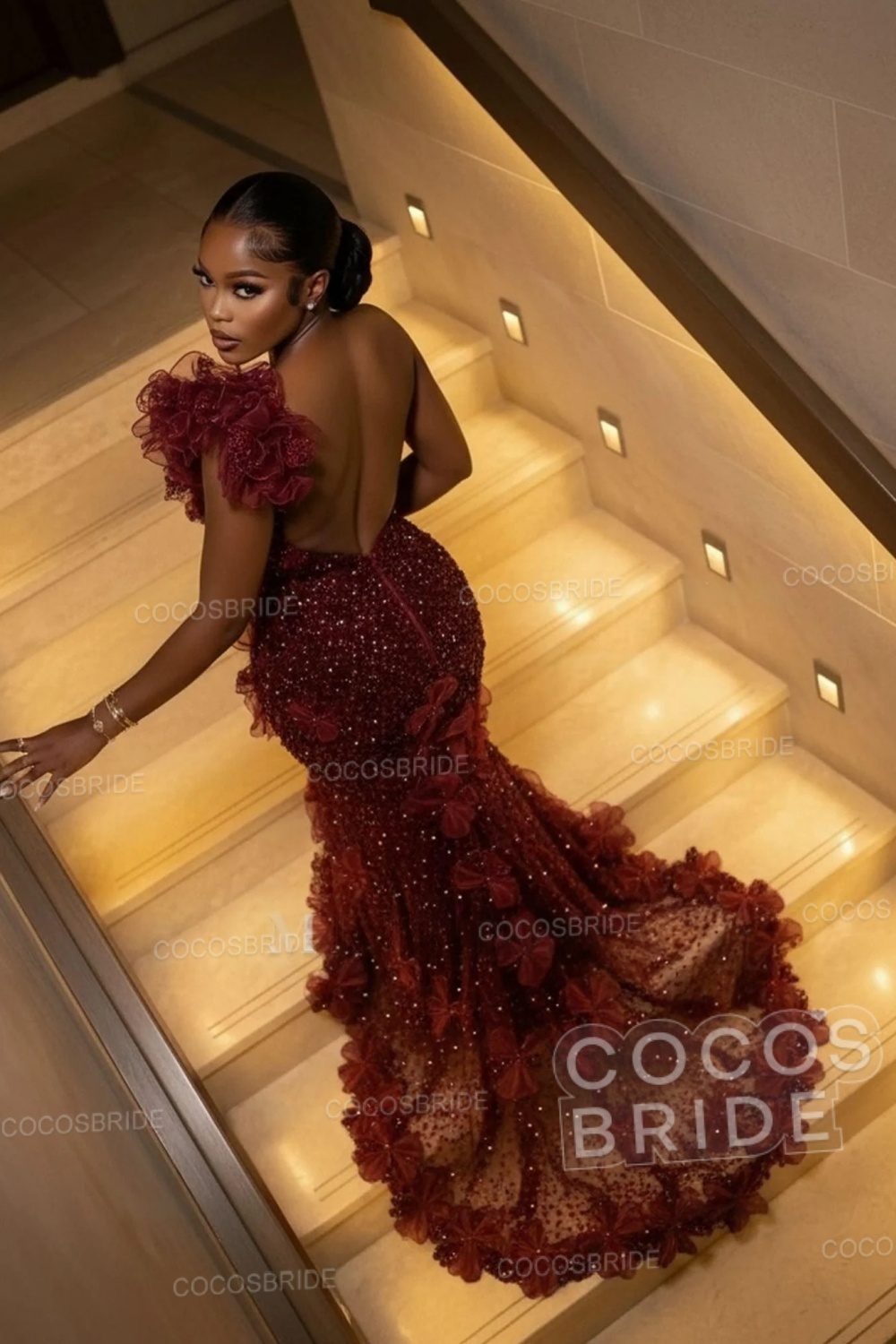 Burgundy One Shoulder Sleeveless Long Mermaid Evening Dress