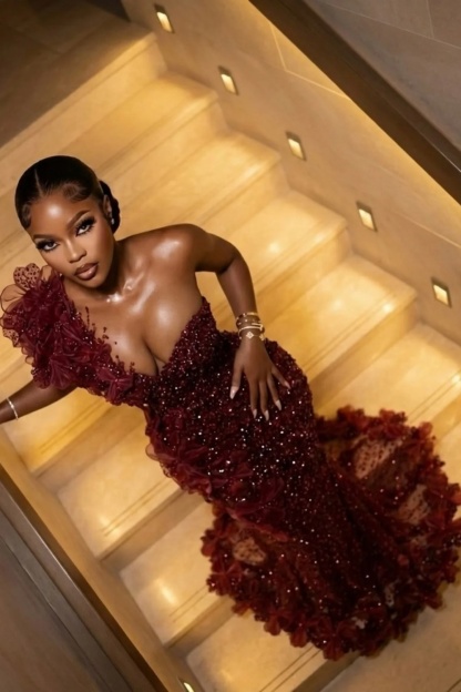 Burgundy One Shoulder Sleeveless Long Mermaid Evening Dress