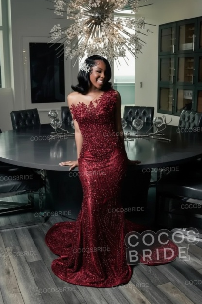 One Shoulder Sleeveless Mermaid Prom Dress with Beaded