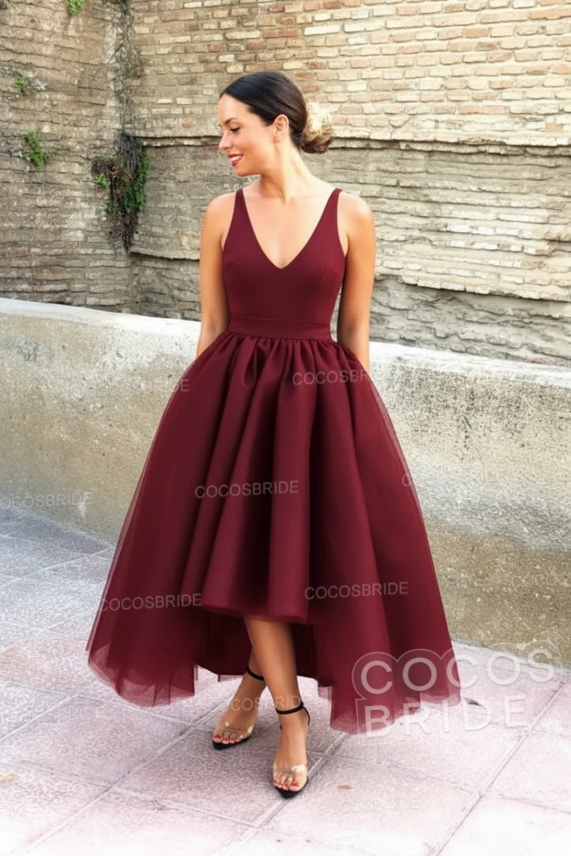 Simple Black V-neck Sleeveless Asymmetrical A-Line Prom Dresses