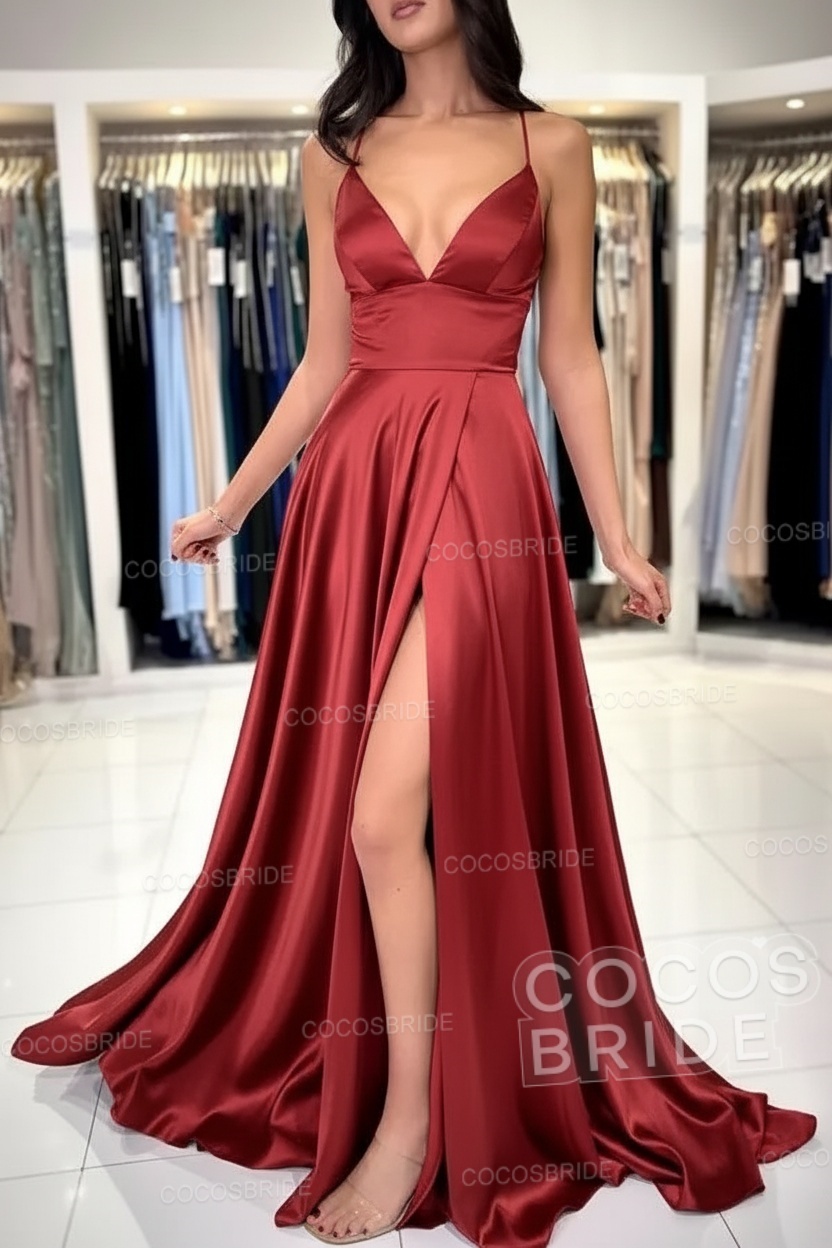 Simple Long A-line V-neck Satin Backless Formal Prom Dresses with Slit