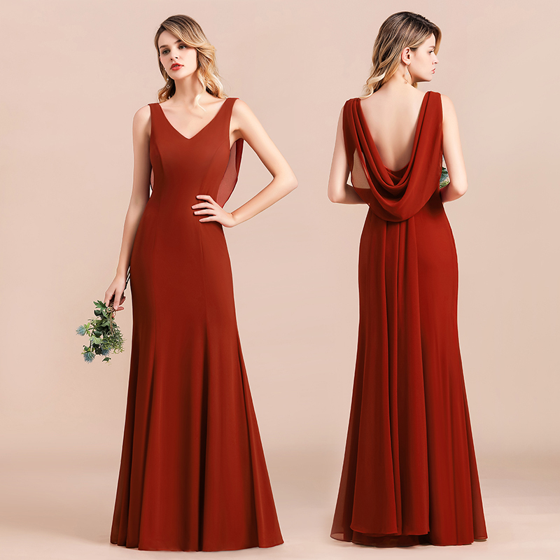 Burgundy V-neck A-Line Wedding Party Dress Wide Straps Chiffon Bridesmaid Dress With Cape
