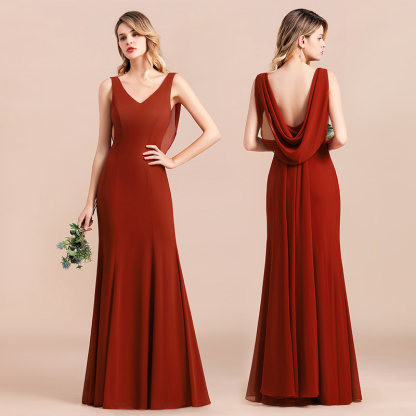 Burgundy V-neck A-Line Wedding Party Dress Wide Straps Chiffon Bridesmaid Dress With Cape