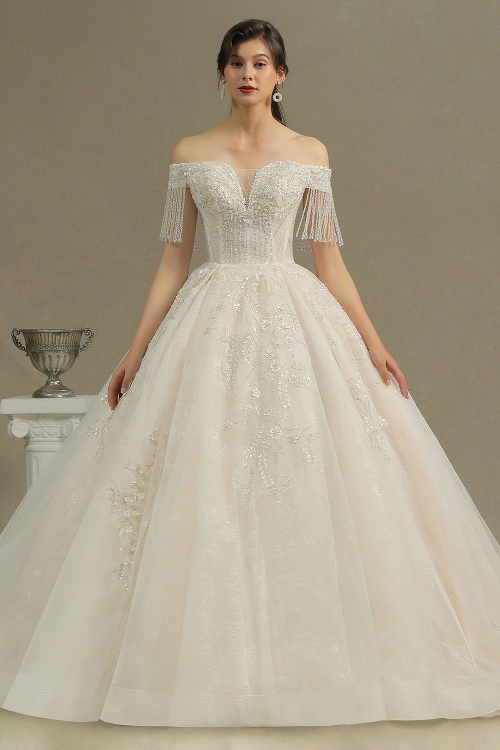 CPH224 Appliques Beads Off-the-shoulder Tassel Ball Gown Wedding Dress
