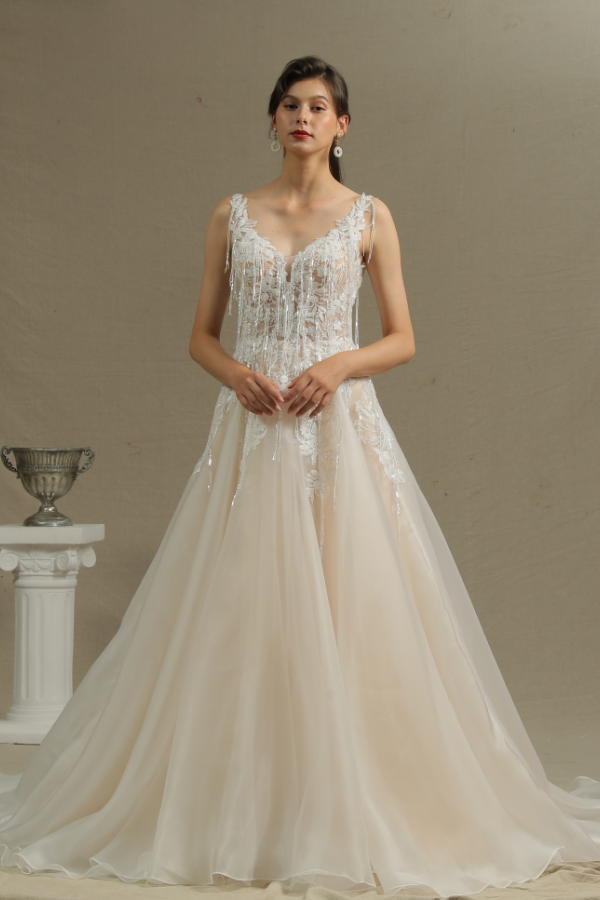 CPH236 V-neck Straps Appliques A-line Backless Wedding Dress