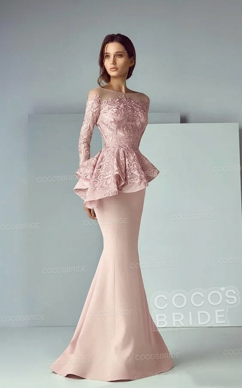 Modest Long Mermaid Lace Satin Formal Prom Dresses with Sleeves