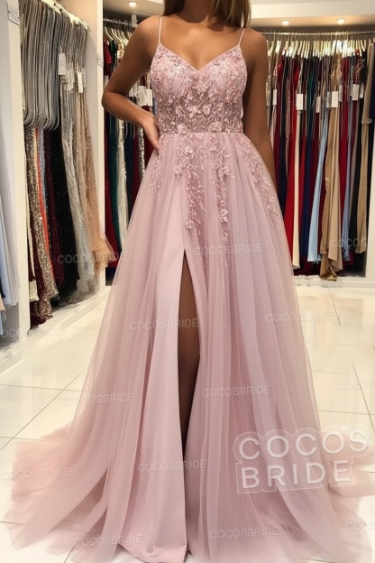 Long A-line V-neck Spaghetti Straps Open Back Prom Dress with Slit