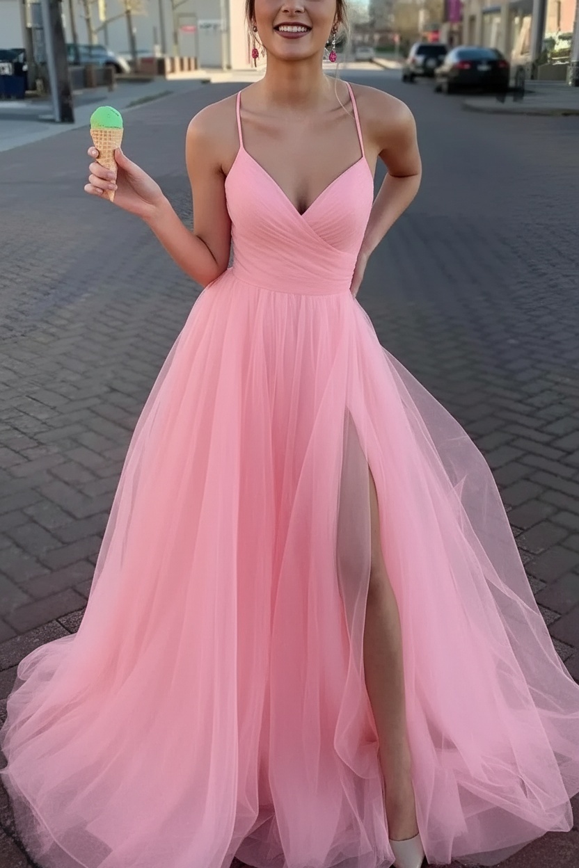 Long Spaghetti Straps V-neck A-Line Tulle Prom Dress With Side Slit