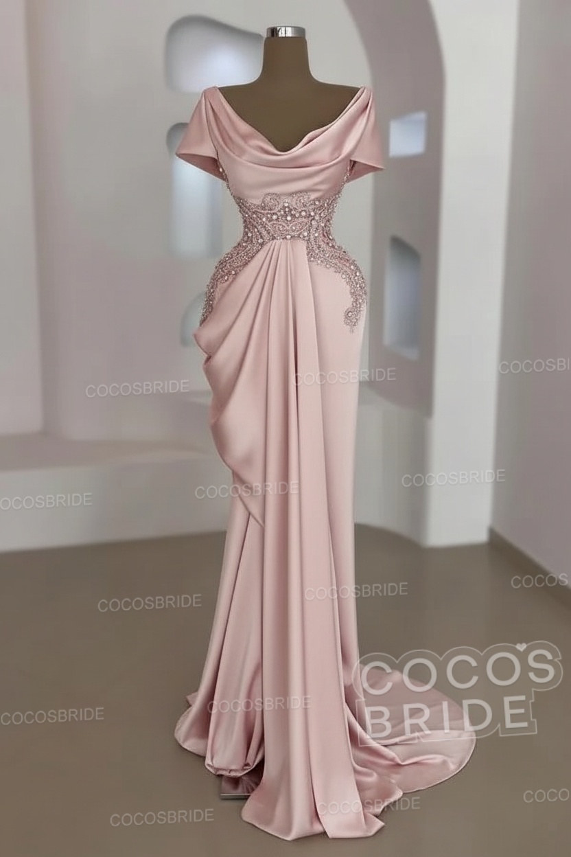 Mermaid Cowl Neck Satin Long Prom Dresses with Short Sleeves